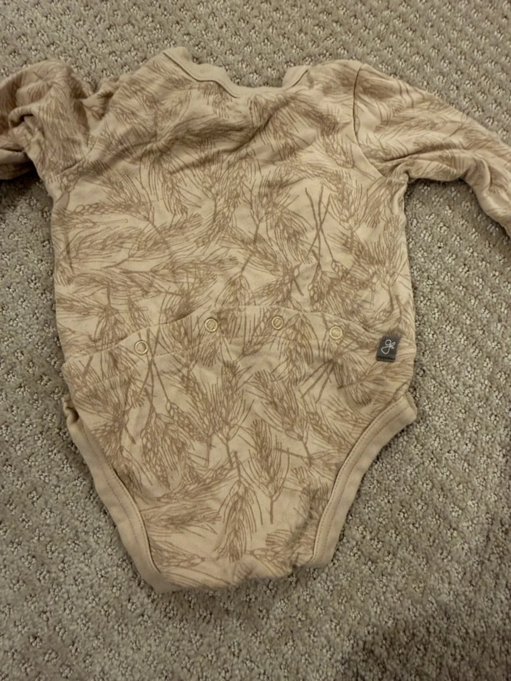 Neutral Tan Long-Sleeve Baby Bodysuit with Leaf Print
